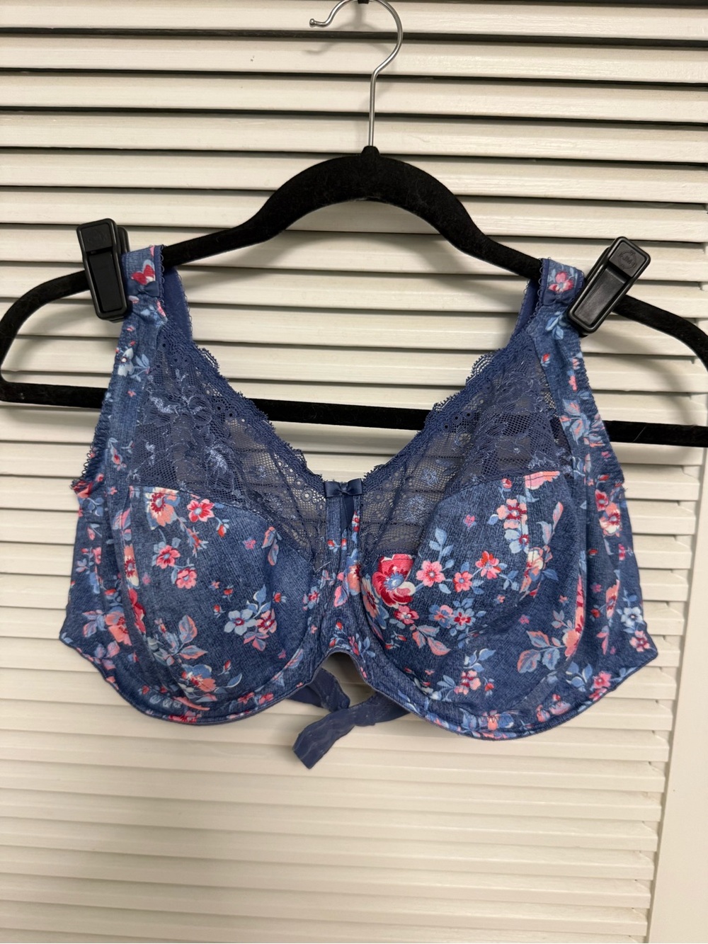 Elomi Navy Blue Floral Lace Underwire Bra with Pink Accents